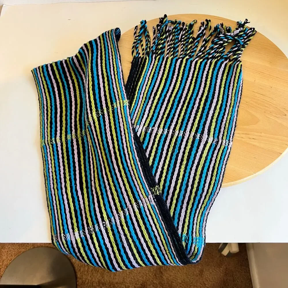 Y2K Blue, Purple, Green Striped Scarf with Fringe Trim Soft Woven Knit